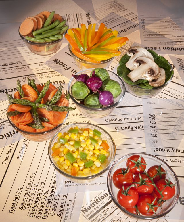 An overhead photograph of small glass bowls filled with colorful vegetables arranged on a nutrition label backdrop