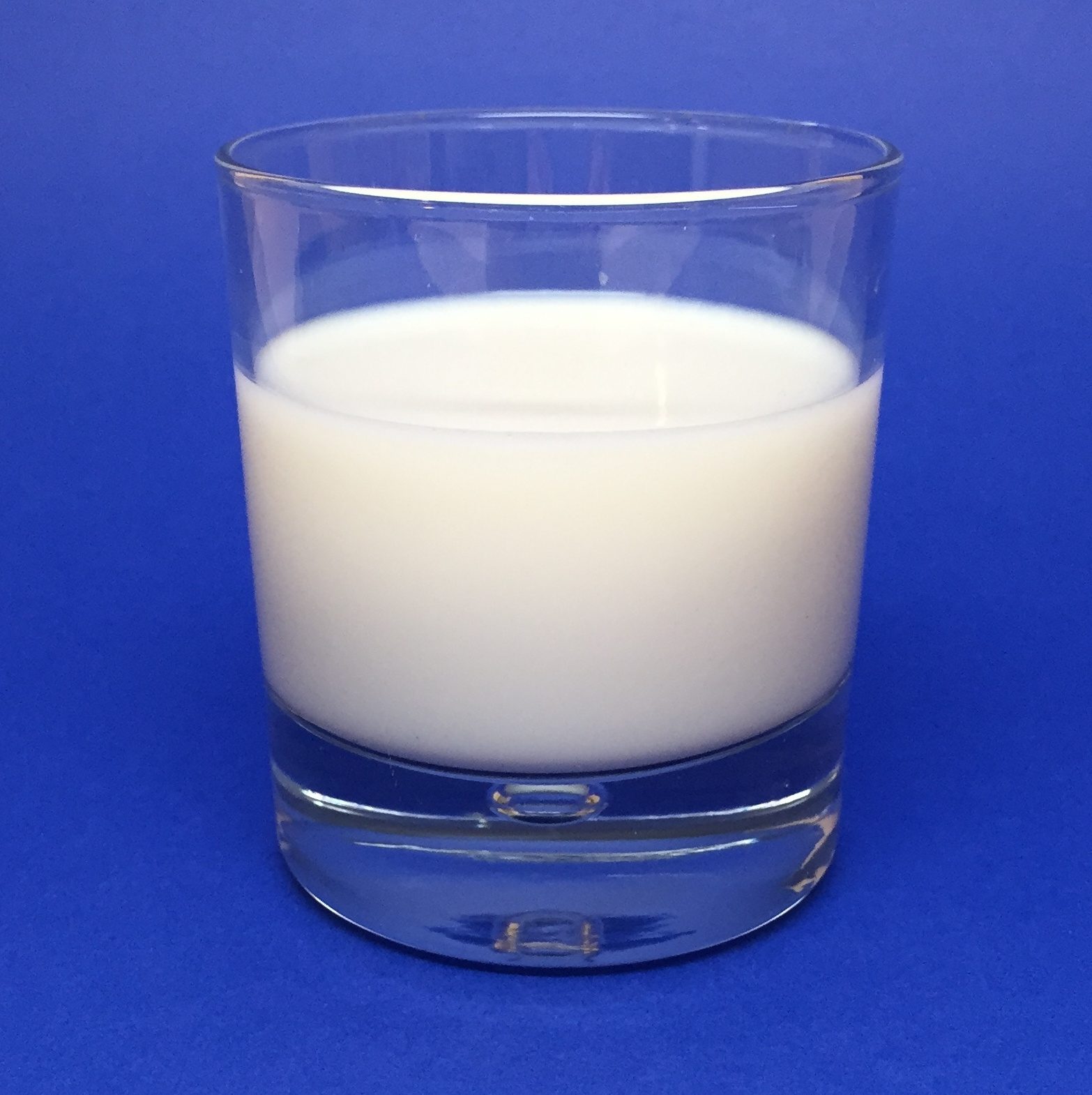 A plain glass filled with milk, photographed straight on against a solid blue background