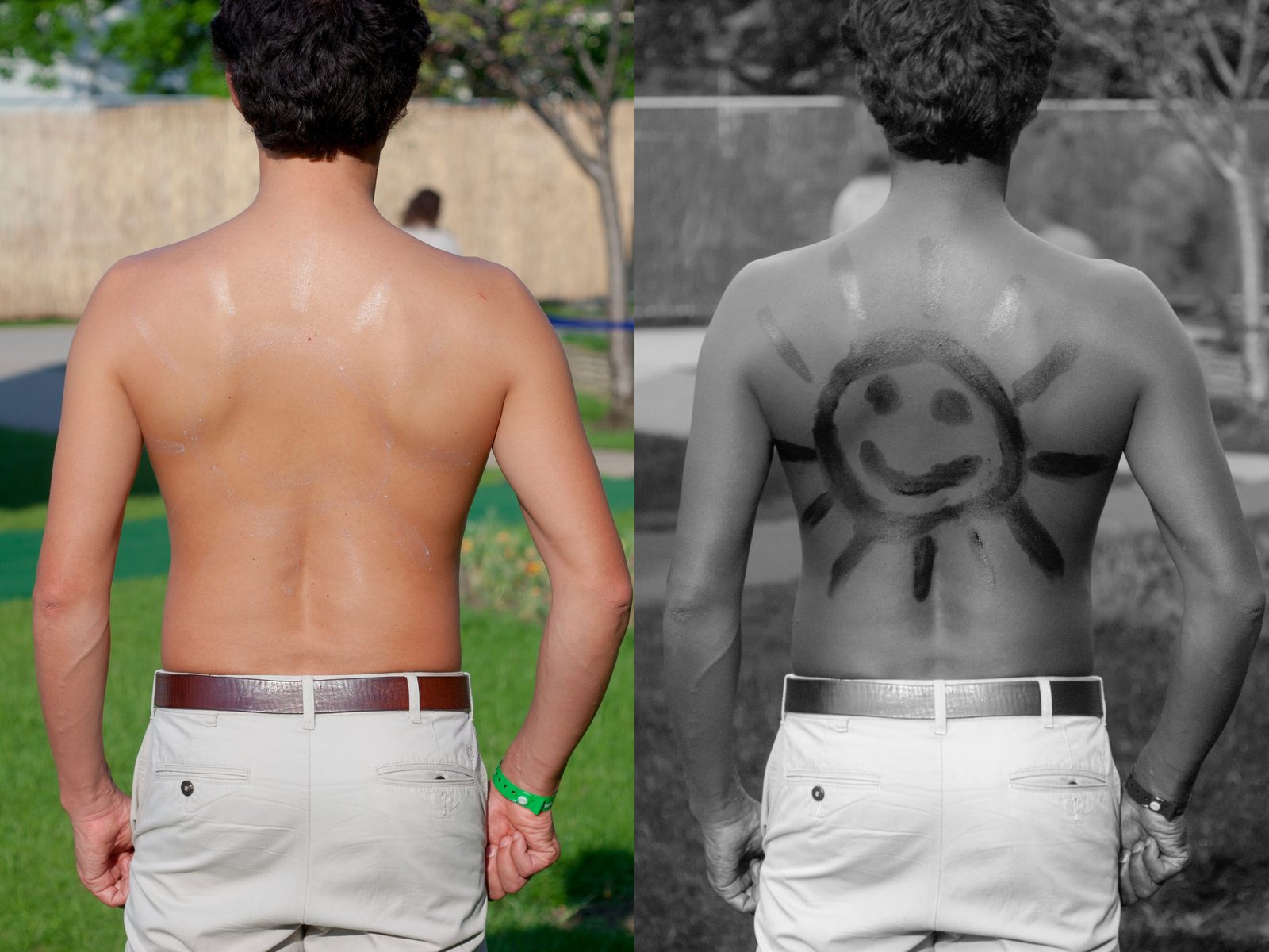 A shirtless man's back, photographed under normal light on the left showing no visible marks, and under UV light on the right revealing a sun shaped pattern where sunscreen was applied